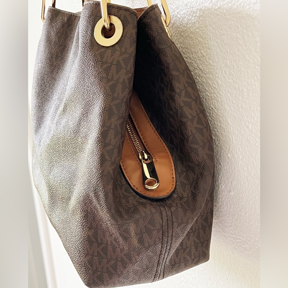 Michael Kors Brown Signature Coated Canvas Raven Large Purse Tote Bag - Picture 4 of 16